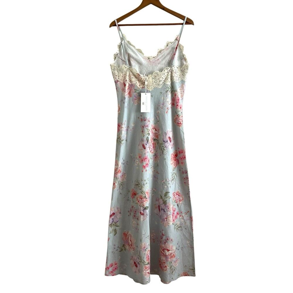 Caroline Constas Linen Blend Floral Maxi Slip Dress Size M Lace Trim Bias Resort - Picture 3 of 13